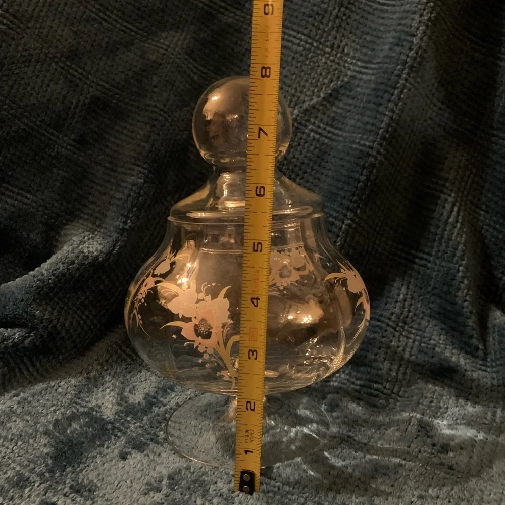 Vintage Pastel Floral Clear Glass Apothecary Pedestal Jar Round Bubble Potbelly